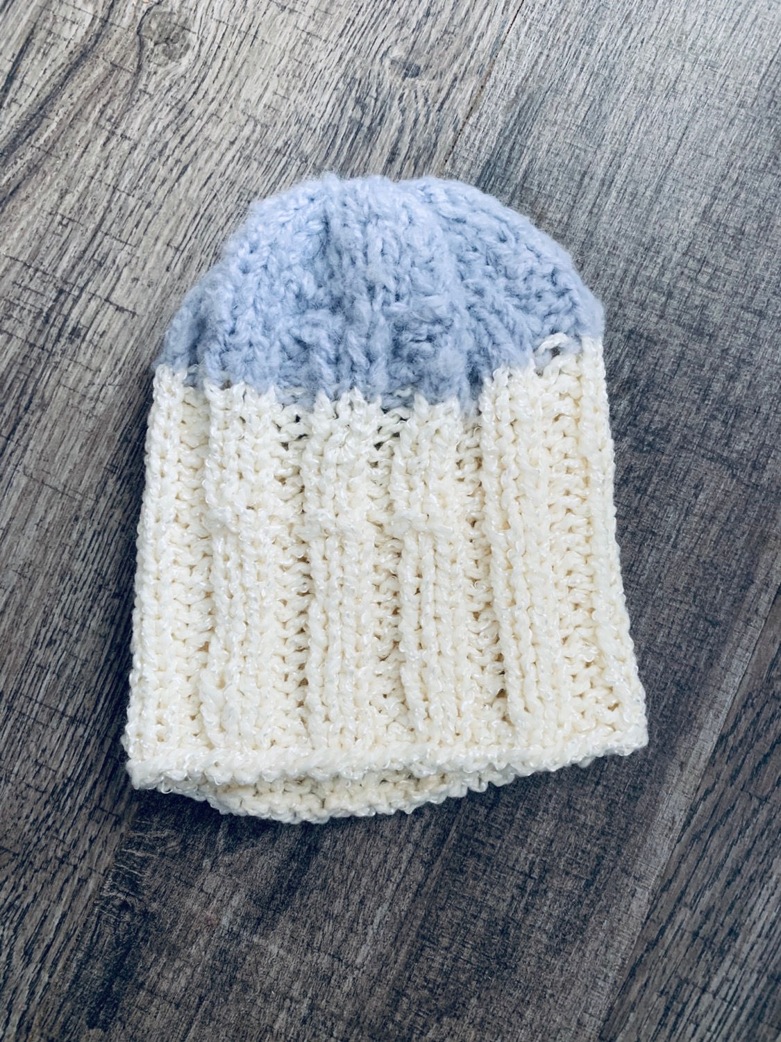 Knit cream and light purple hat