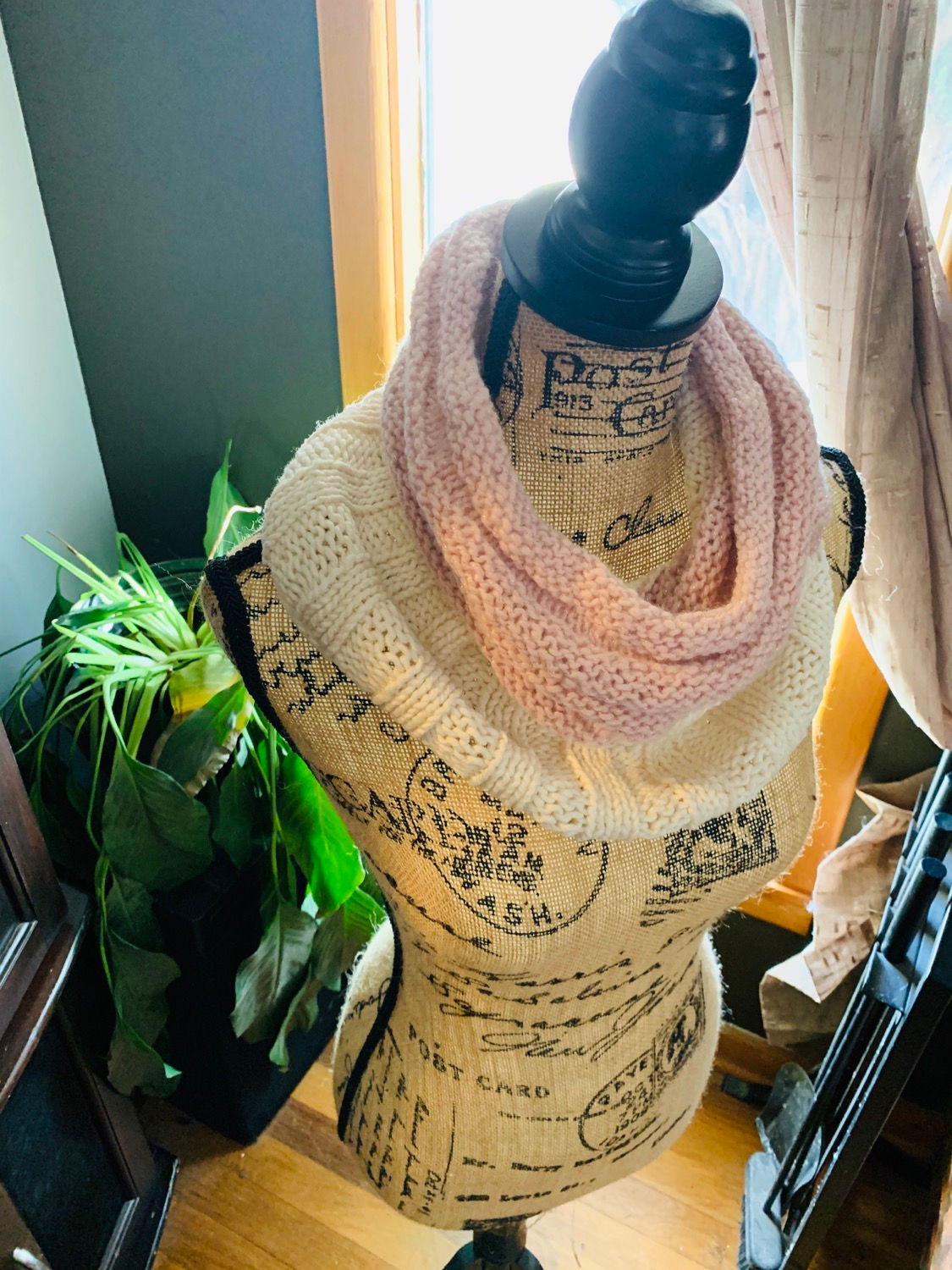 Pink and cream knit cowl neck scarf