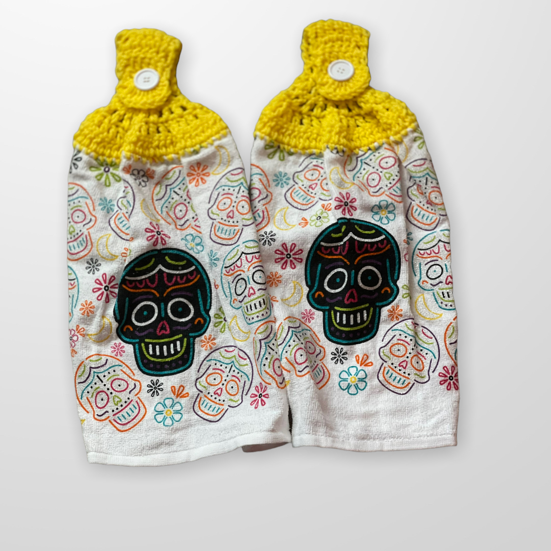Crocheted Yellow Skull Towel Set ~ Halloween