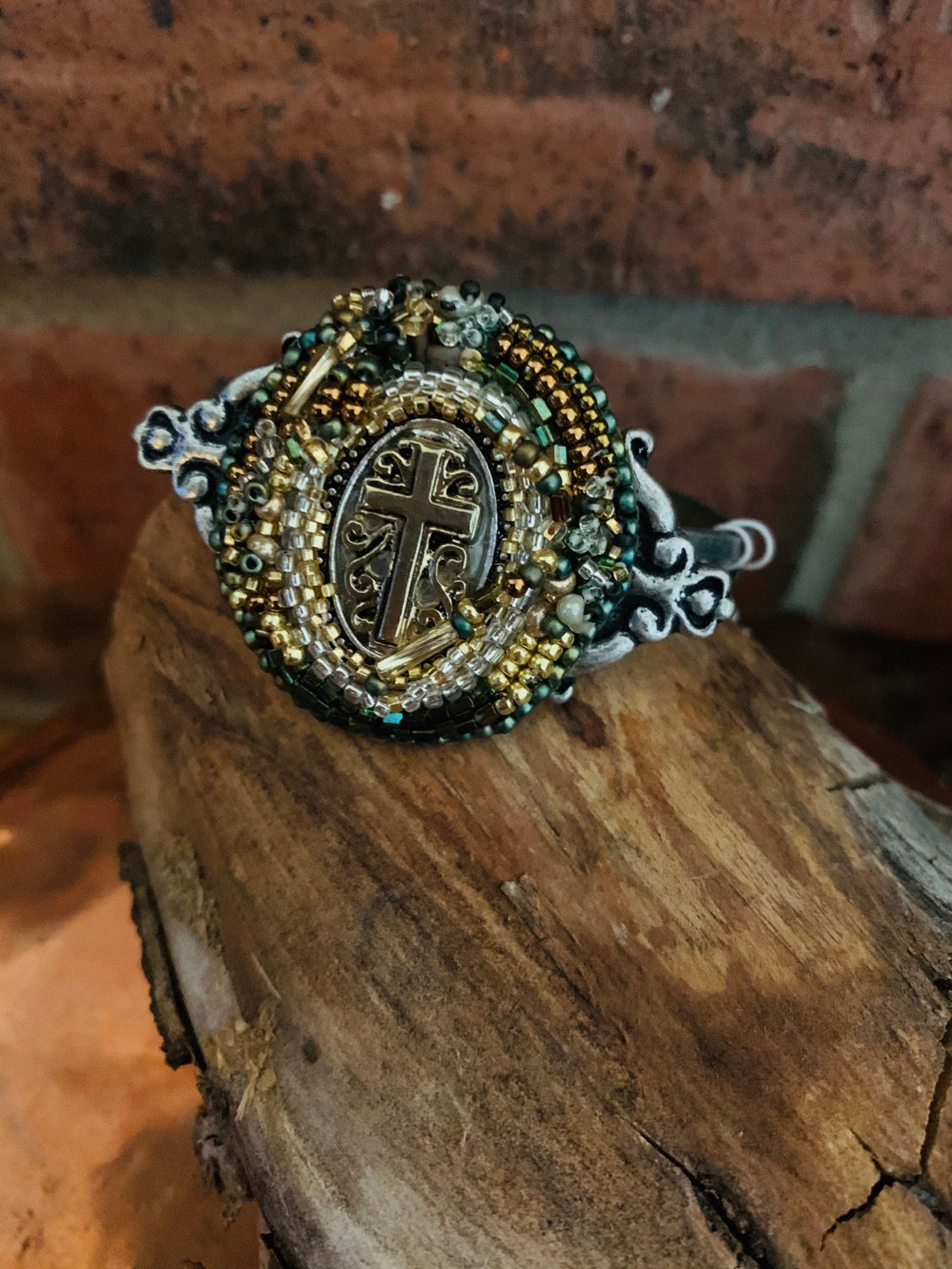 Gold beaded cross bracelet