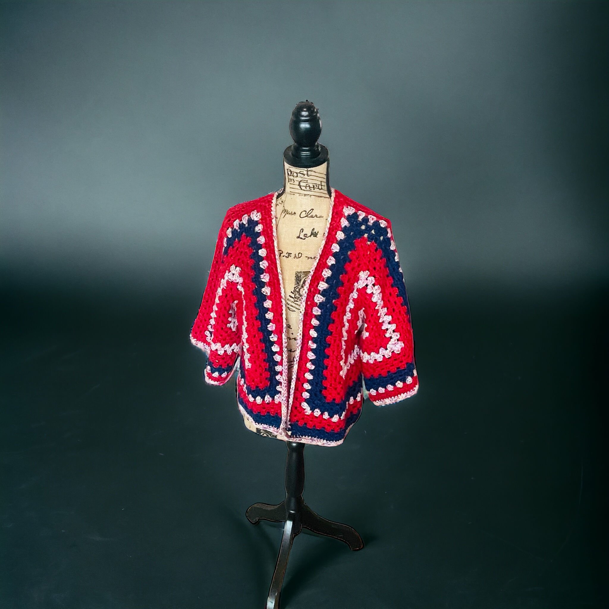 Crocheted Red and Blue Cardigan