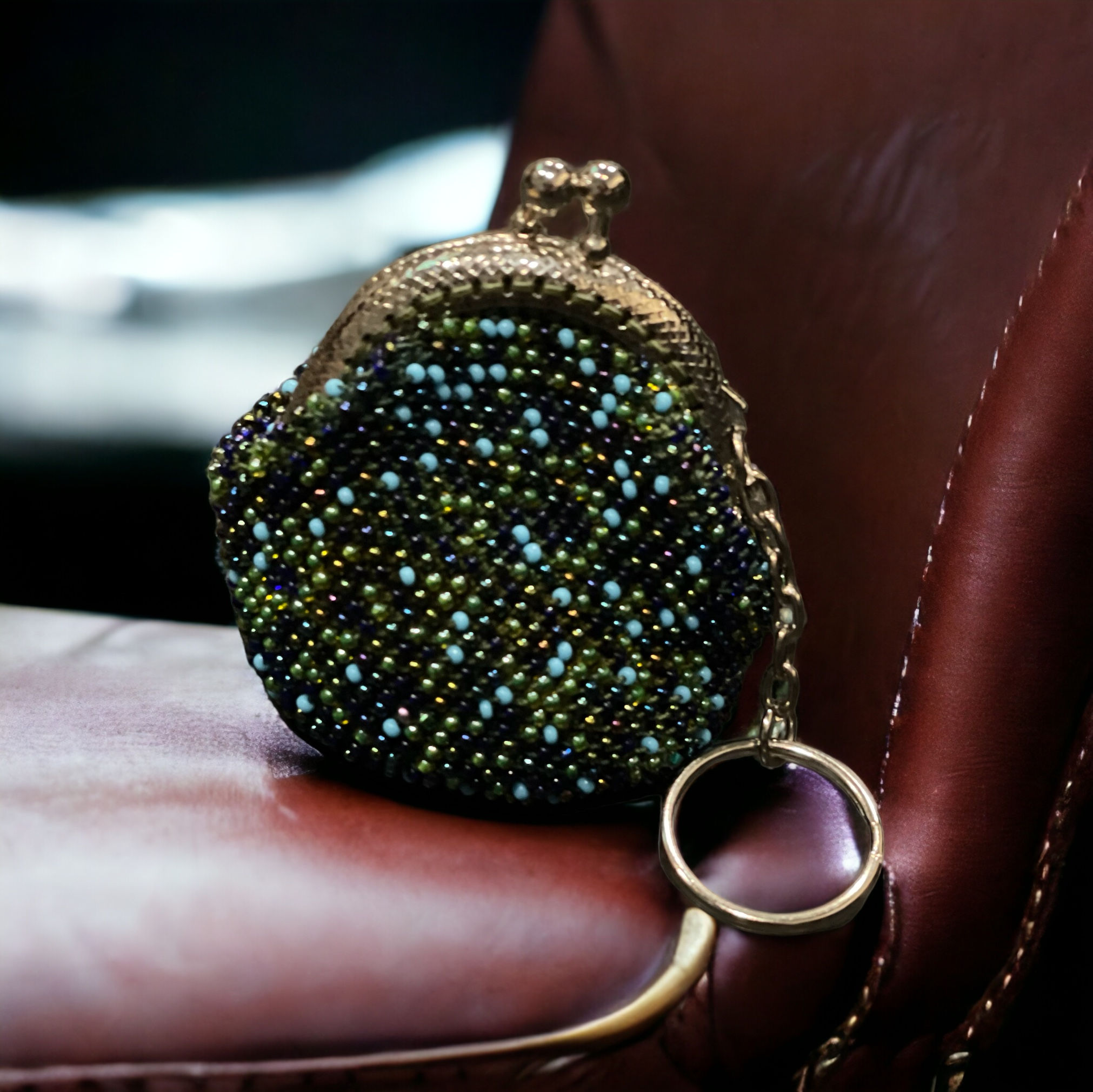 Turquoise and Green Beaded Medium Size Coin Purse