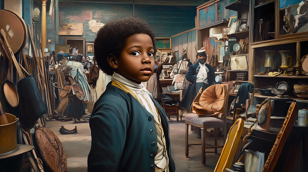 AI Image of 8 year old Franklin Guinn, about 1847, at his favorite place, a junk shop at the corner of South and Clifton.