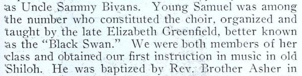 Excerpt from The Rise and Progress of Shiloh Baptist, indicating music instruction from Elizabeth Taylor Greenfield. Page 277.