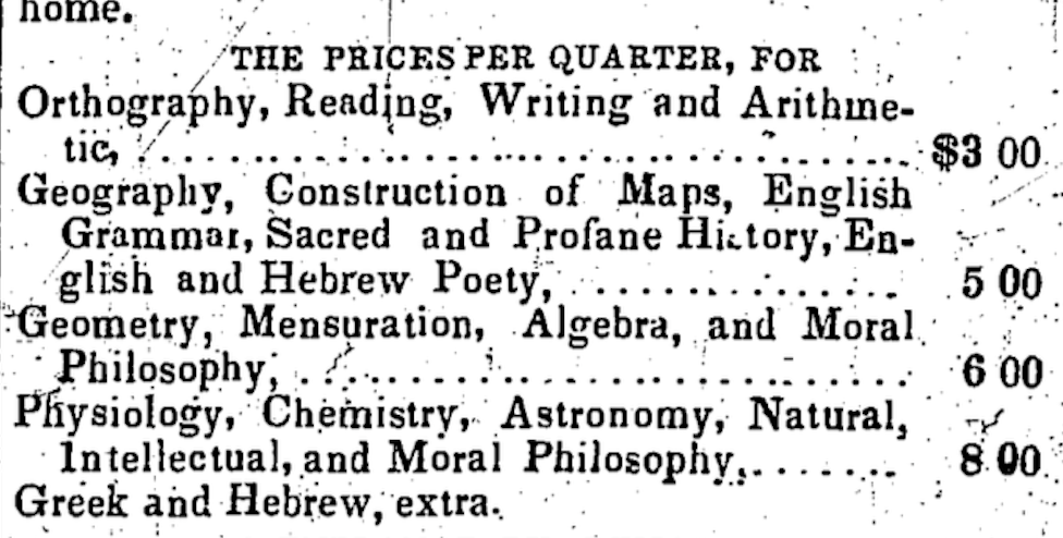 Colored American April 3, 1841 - the Male and Female Seminary rules and prices.  Courtesy Center for Research Libraries https://dds.crl.edu/crldelivery/7037