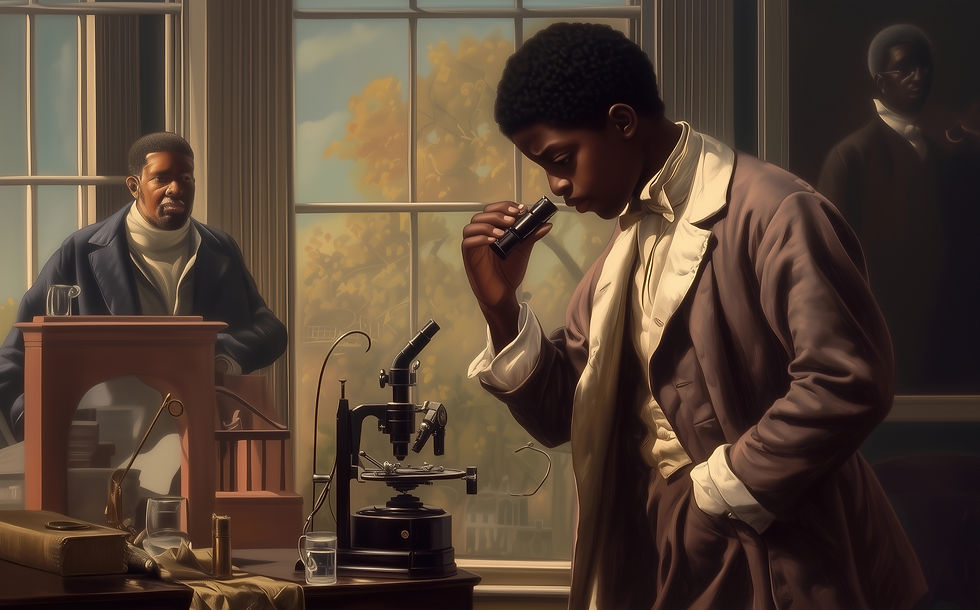 AI image of 14 year old Franklin Guinn checking out a microscope in 1852 as Bud Jack looks on.