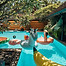 The pool with floating devices on a beautiful sunny day