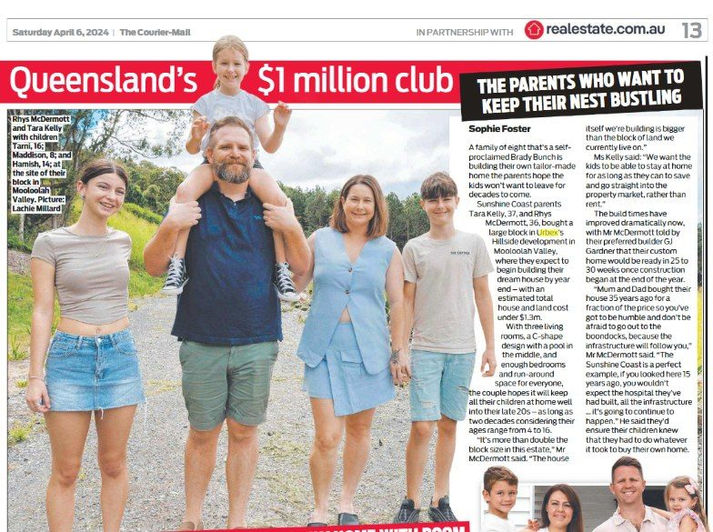 Newspaper property feature with a family pictured together outdoors.