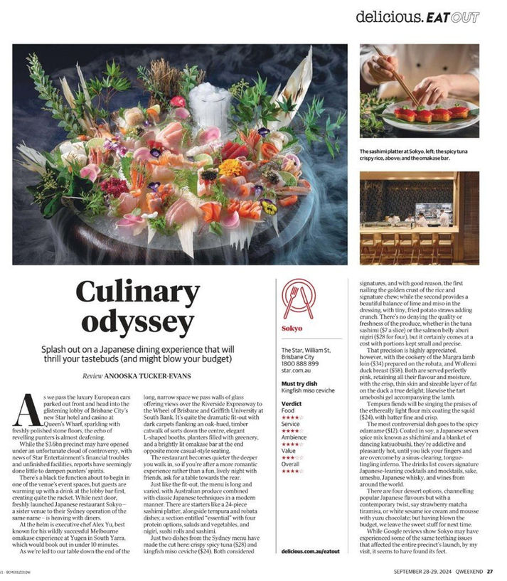 delicious. dining feature about Sokyo, showing its sashimi platter, sushi preparation and restaurant interior.