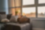 Sunlit lounge window behind sofa.