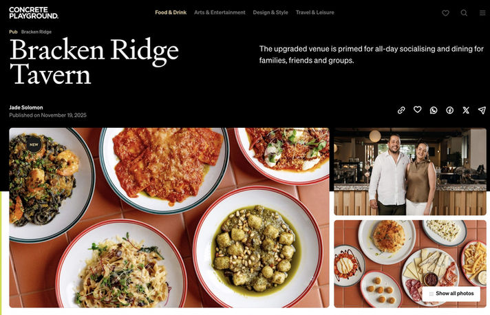Concrete Playground listing for Bracken Ridge Tavern with photographs of food and the venue team.
