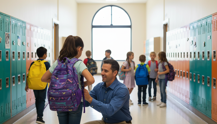 Wide-angle view of students adjusting backpacks near school lockers.