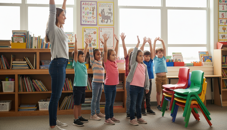 Side view of a teacher guiding students through a standing stretch beside classroom chairs.