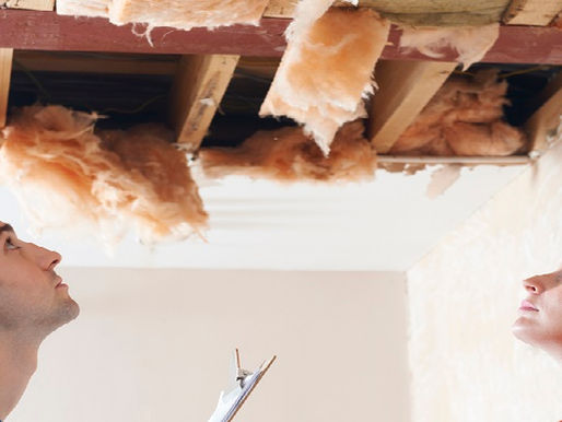 A married couple stares up at a ceiling ruined by a water leak