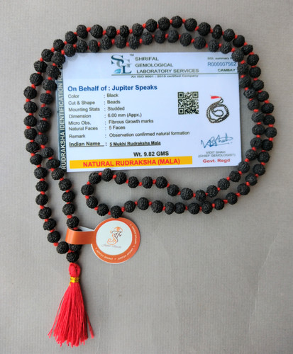 Lab Certified 5 Mukhi Rudraksha Mala - 108+1 Prayer Beads, Black, Handmade In India