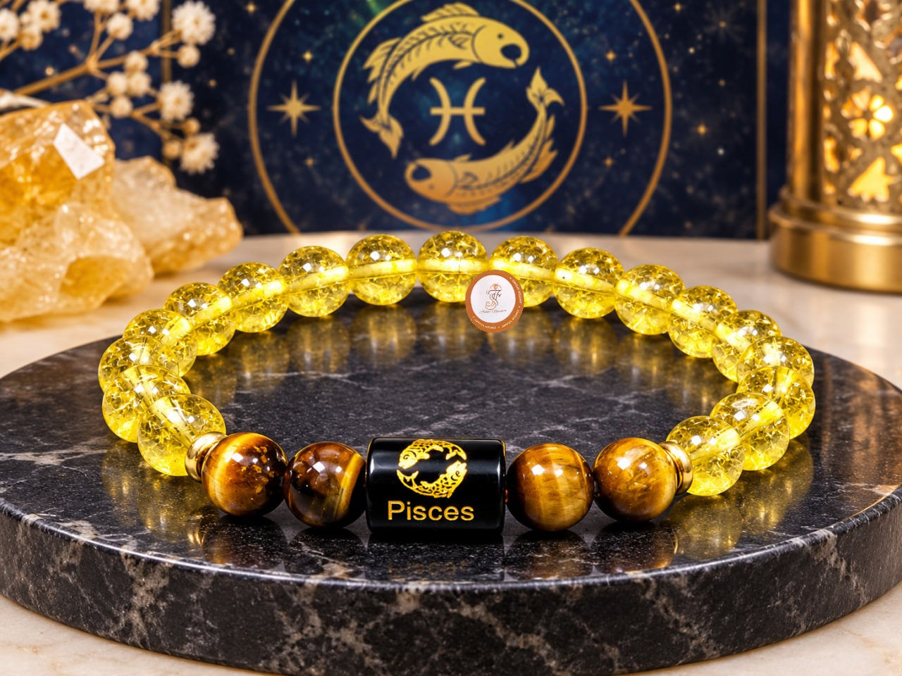 Pisces Zodiac Bracelet (Meena Rashi) with natural citrine and tiger eye beads