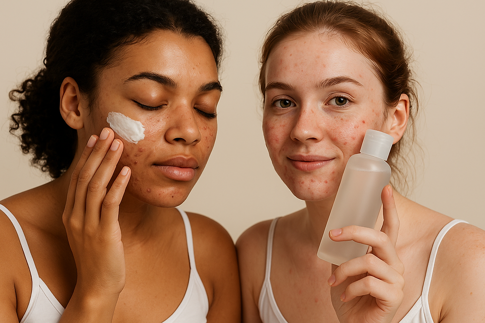 Duas mulheres com acne realizando cuidados com a pele, aplicando creme e segurando tônico facial para tratamento de manchas e inflamações