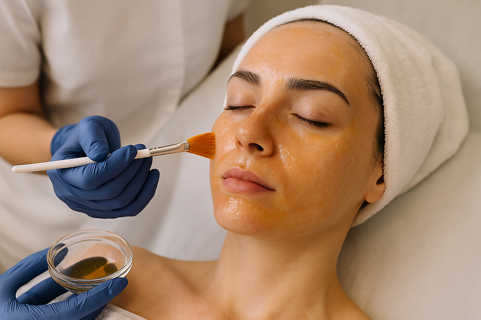 "Procedimento estético de aplicação de máscara facial dourada com pincel em uma mulher, realizado por profissional usando luvas azuis."