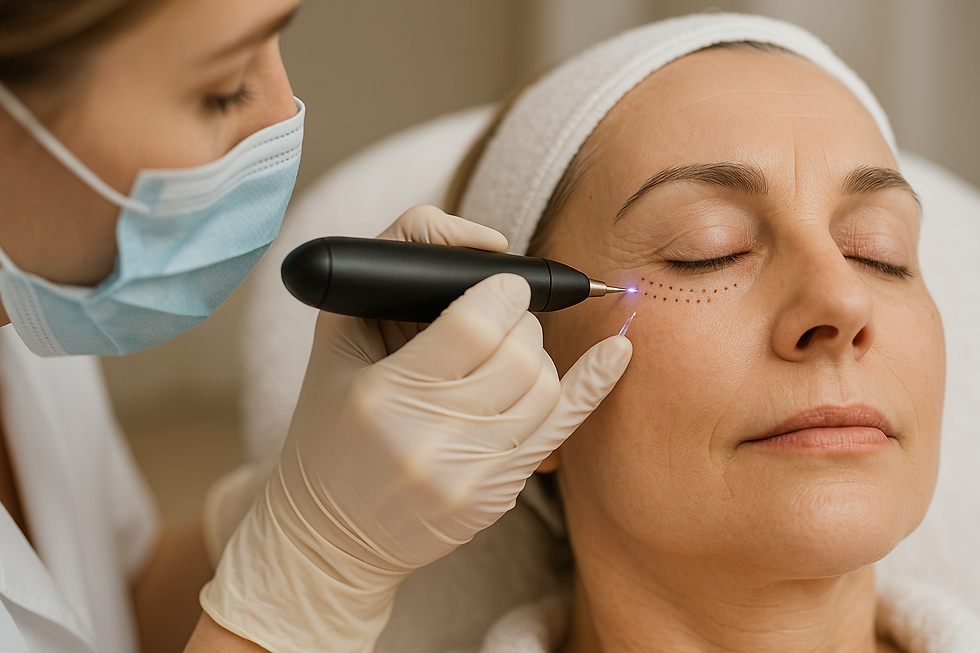 Aplicação de jato de plasma próximo aos olhos de uma mulher madura em clínica estética.