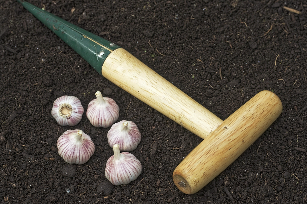 Five garlic bulbs beside a wooden garden tool on dark soil, suggesting planting or harvest prep.