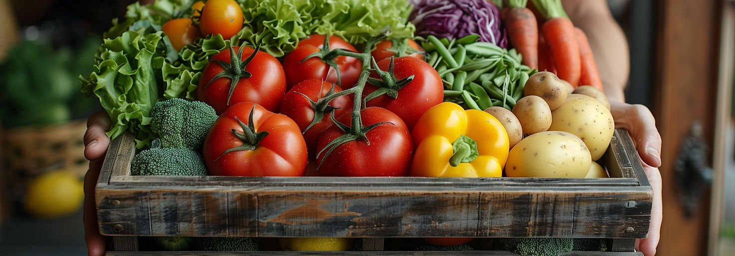A person holding an open box of fresh vegetables and fruits, including tomatoes, lettuce,