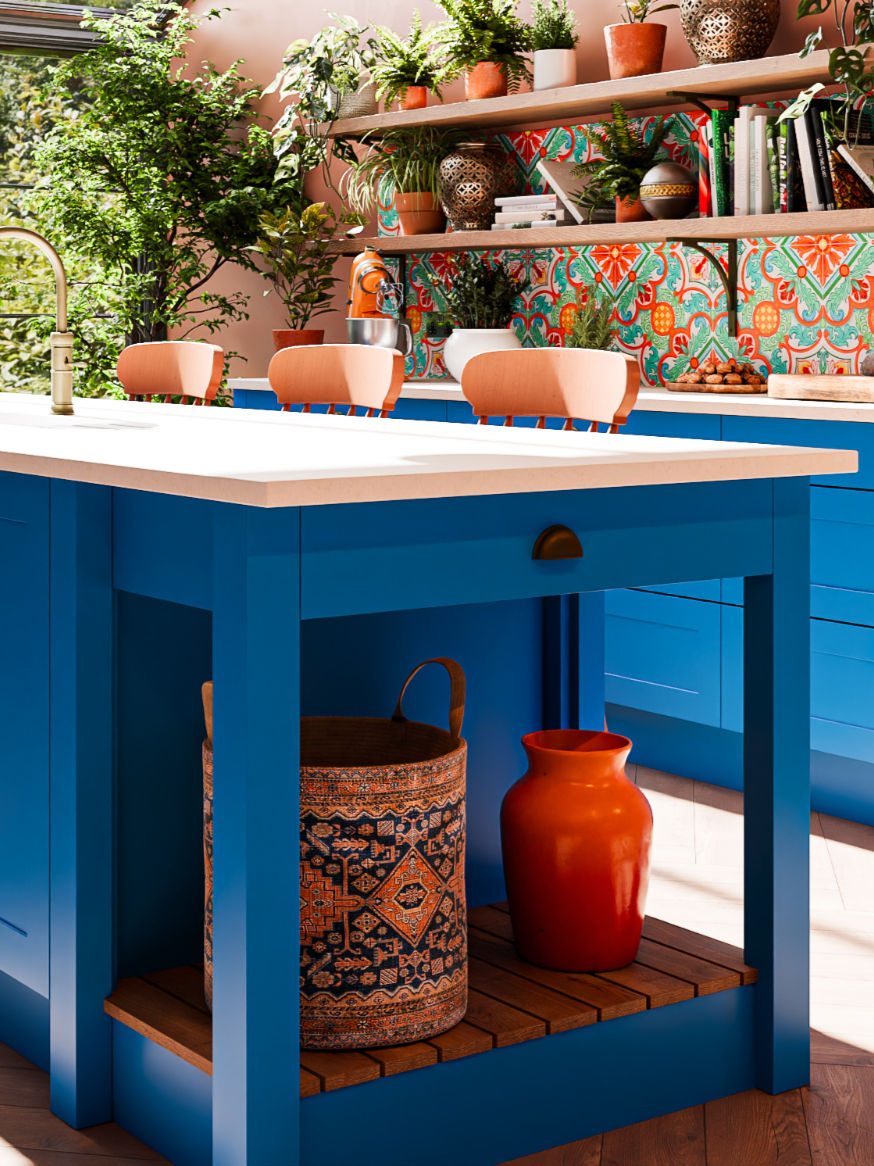 Kitchen pastry bench featuring oak slatted detail and handcrafted design.