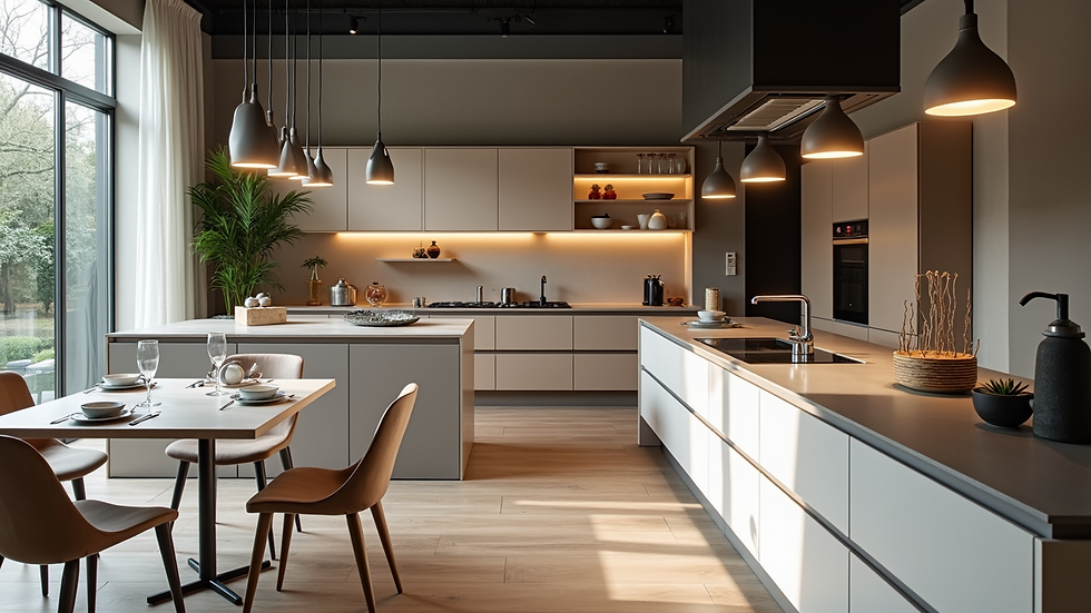 High angle view of bespoke kitchen showroom with designer displays