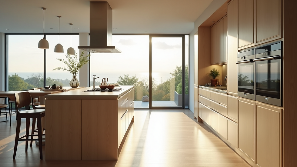 Eye-level view of a spacious kitchen layout with a large island and natural light