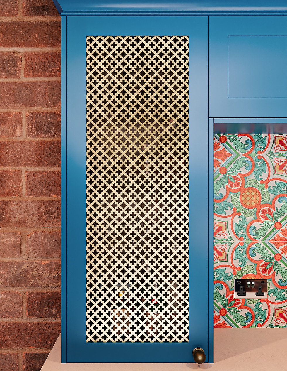 Close-up of brass mesh doors showcasing premium materials and distinctive cabinet design.