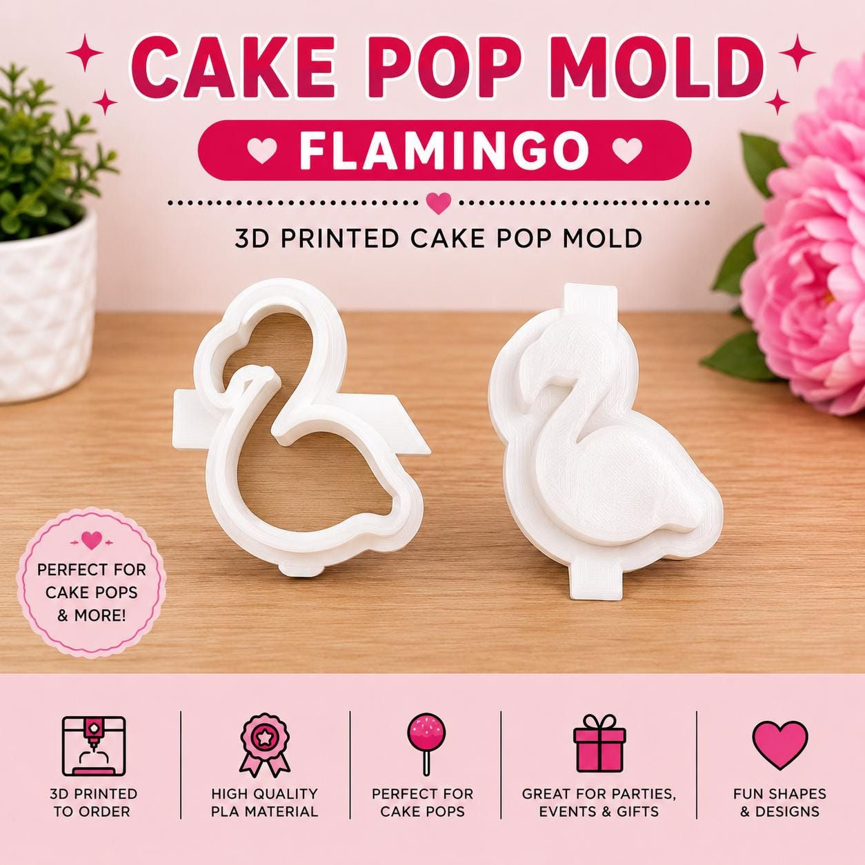 Flamingo Cake Pop Mold | 3D Printed Tropical Party Baking Tool