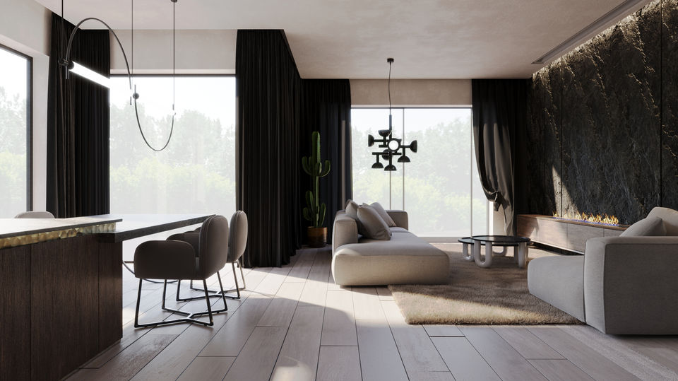 minimalistyczny salon wykończony naturalnymi materiałami jak kamień i drewno