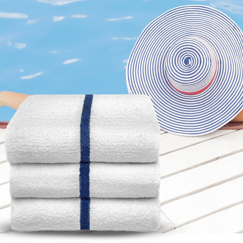 Pool/Beach White Towels (Blue Stripe) Bloom Linen