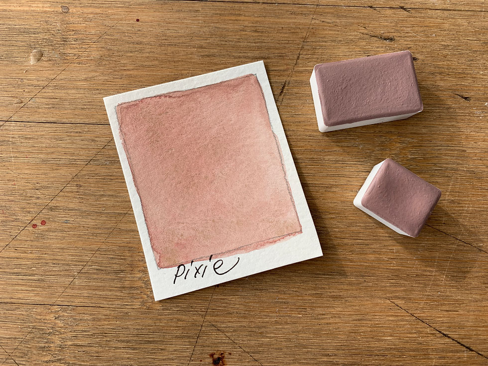 Elena Art Pages Artisan handmade watercolor paint of granulating Shimmery Flesh Pink watercolor called Pixies on a swatch card w/Pans