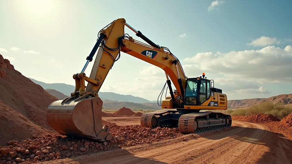Vista lateral de excavadora Caterpillar en obra de construcción