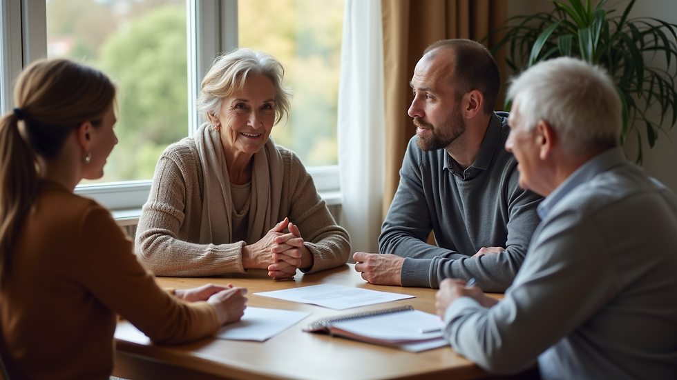 High angle view of a family meeting discussing senior care options