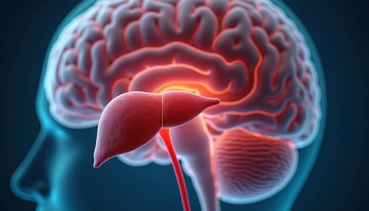Close-up view of a medical model showing the human brain and liver connection