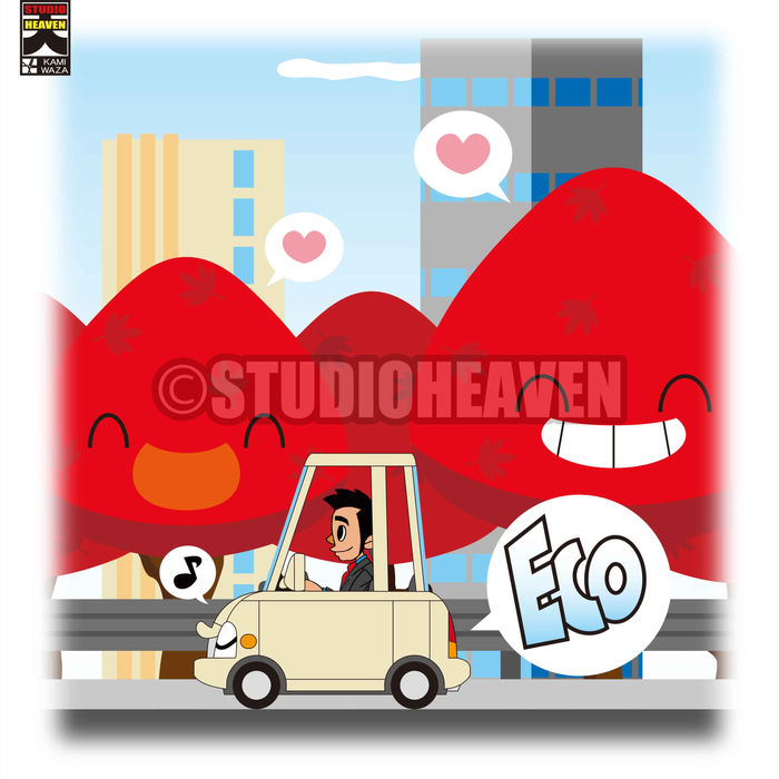 紅葉している街中を､エコ運転で走っている自動車 下絵