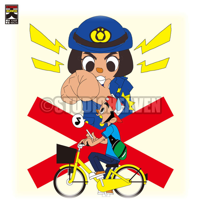 婦人警官が､スマホ運転をしている自転車を注意している 下絵