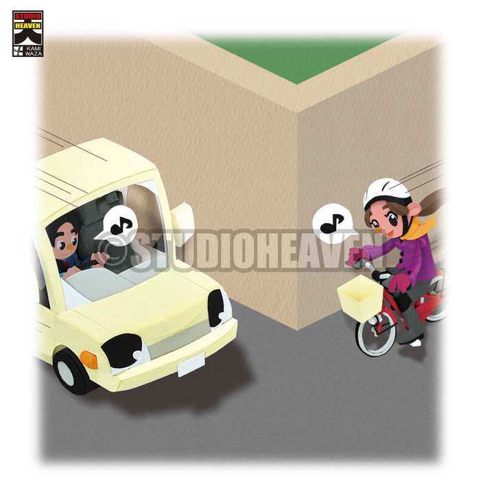 四つ角で､自動車と自転車がお互いの存在に気が付かず､追突しそうになっている 完成作品