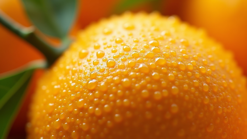 Close-up view of a vibrant citrus fruit with droplets of water