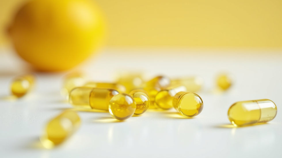 Eye-level view of lemon supplements in capsules on a white surface