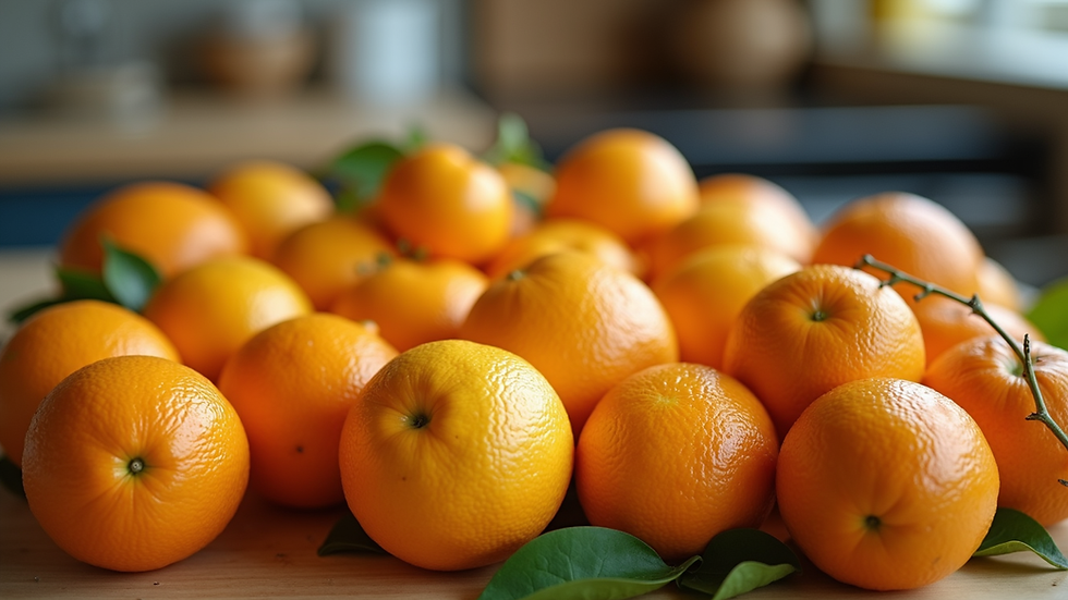 High angle view of fresh citrus fruits arranged on a kitchen counter