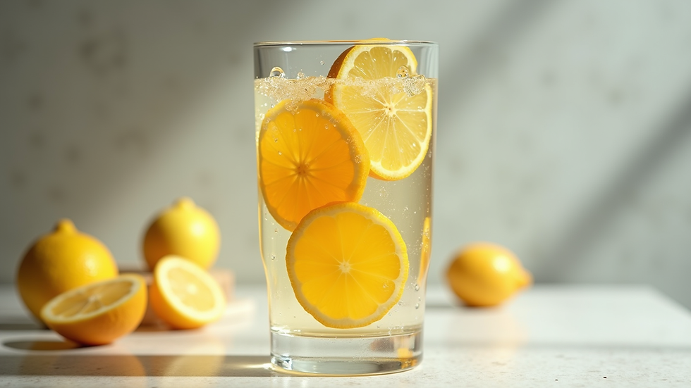 Eye-level view of a glass of citrus-infused water with lemon and orange slices