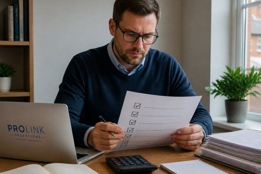 A landlord at a desk reviewing a printed compliance checklist with a laptop open, calculator and paperwork nearby in a home office setting