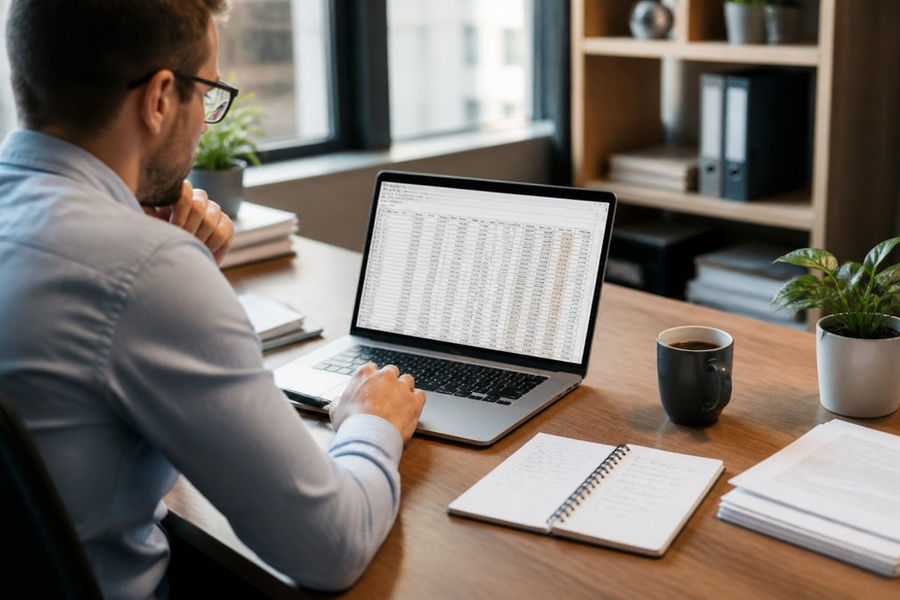 A property manager at a desk reviewing a comparison spreadsheet on a laptop, with a notebook and coffee nearby, in a bright office