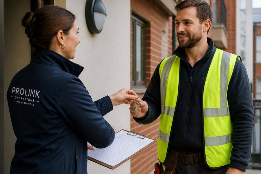 Property manager handing over a set of keys to a contractor at a residential building entrance, with a clipboard and access form visible on the clipboard