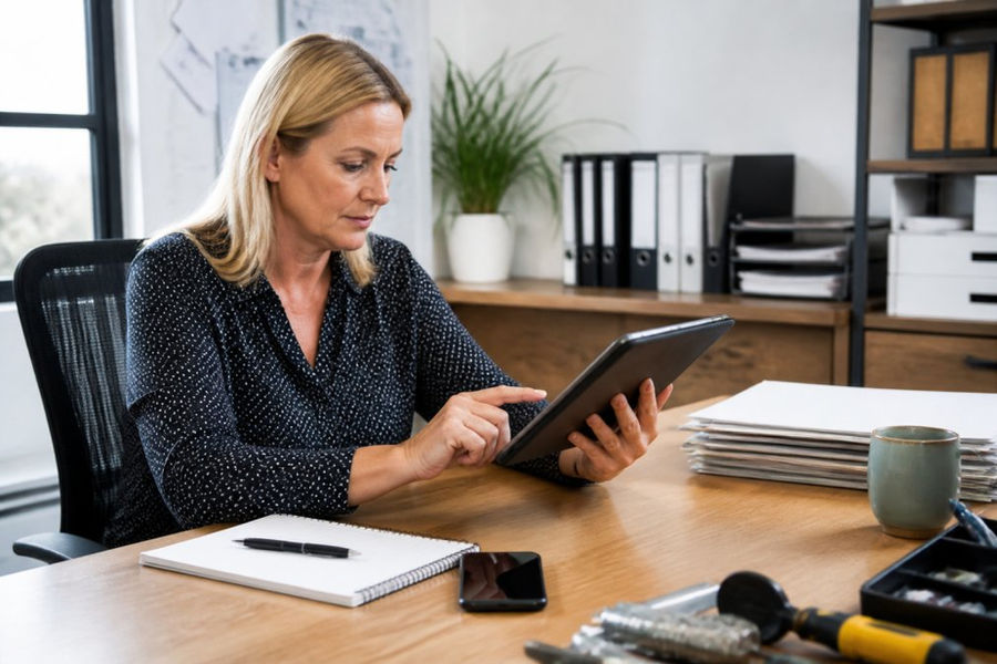 A property manager at a desk reviewing a tablet showing a digital maintenance dashboard, with a phone and notebook nearby in a bright office