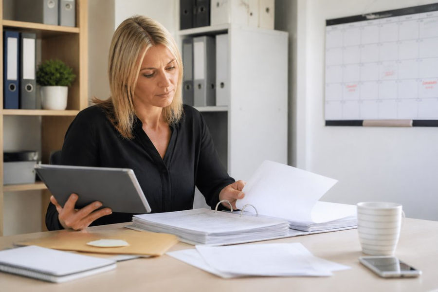 Property manager reviewing compliance documents to avoid property non-compliance penalties in a modern office.
