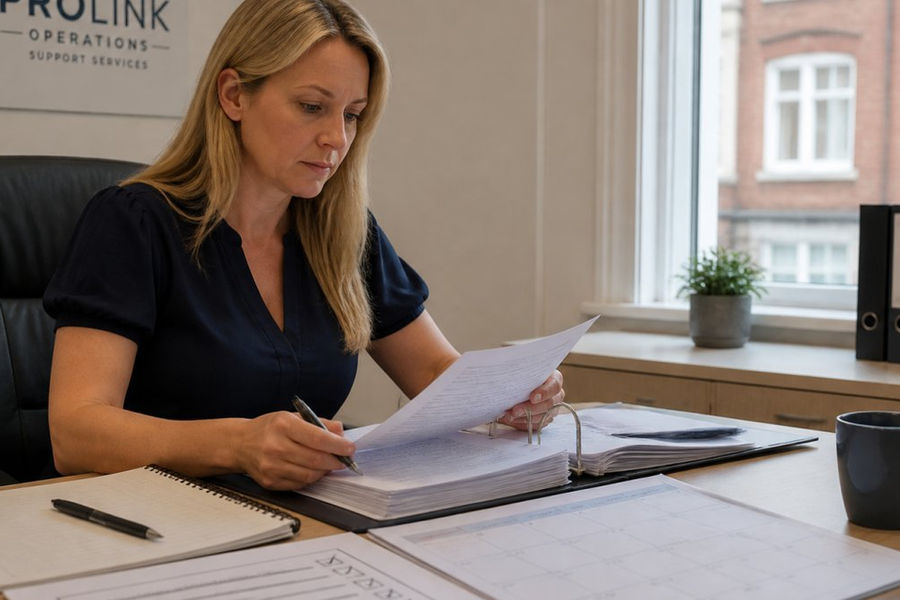 Professional property manager reviewing compliance data on a desktop computer with a calendar and checklist visible on the desk nearby