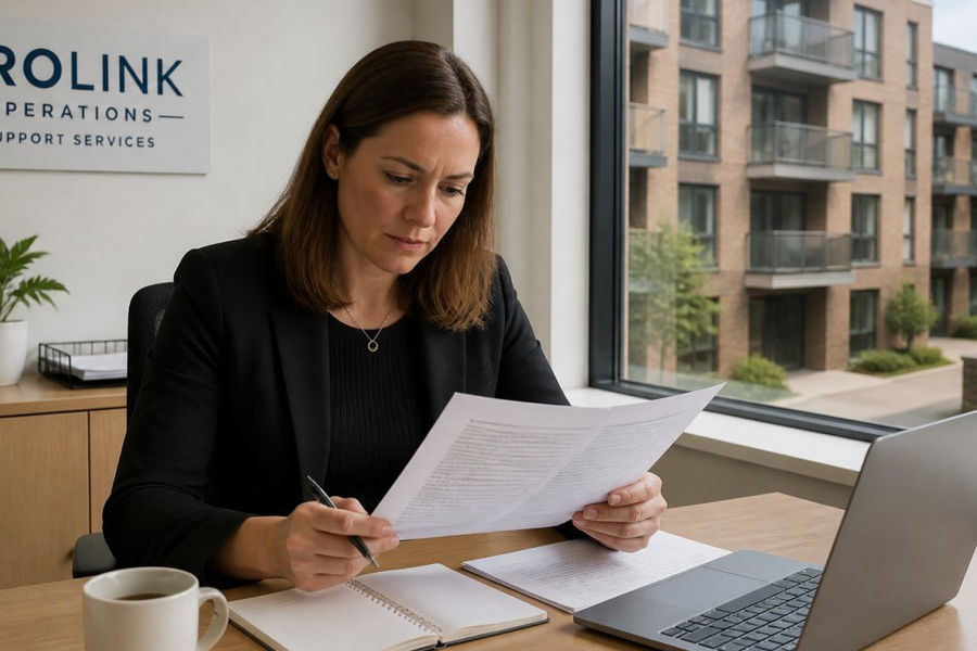 A property manager at a desk reviewing a printed service scope document beside a laptop, with a residential block visible through the office window